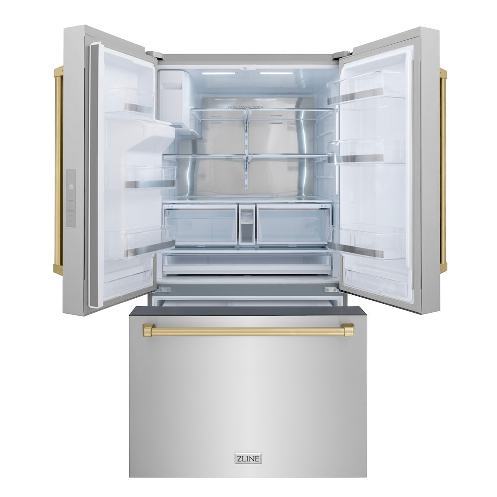 ZLINE Autograph Edition 36 in. 28.9 cu. ft. Standard-Depth French Door External Water Dispenser Refrigerator with Dual Ice Maker in Fingerprint Resistant Stainless Steel and Champagne Bronze Handles (RSMZ-W-36-CB) front, doors and bottom freezer drawer open.
