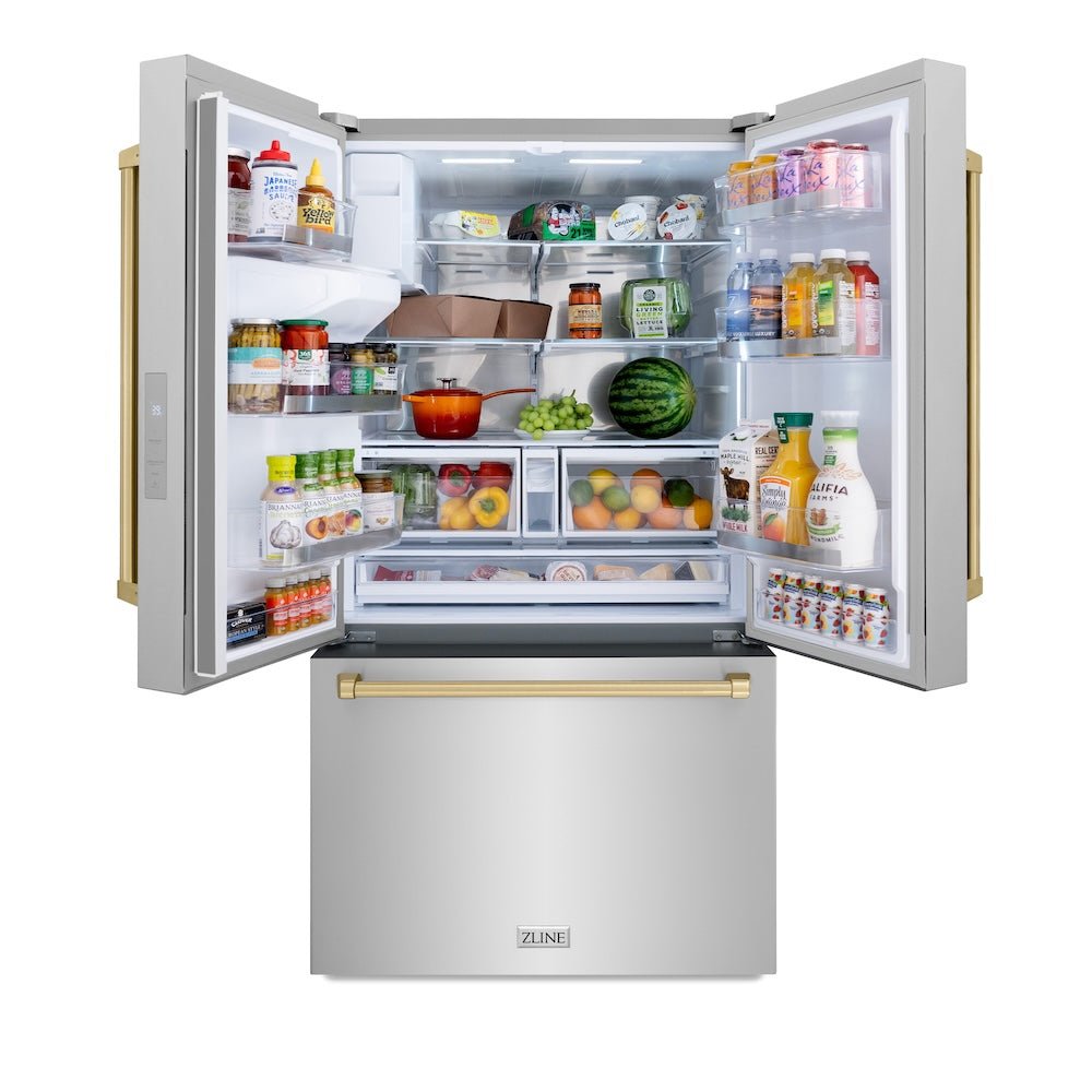 ZLINE Autograph Edition 36 in. 28.9 cu. ft. Standard-Depth French Door External Water Dispenser Refrigerator with Dual Ice Maker in Fingerprint Resistant Stainless Steel and Champagne Bronze Handles (RSMZ-W-36-CB) front, open with food inside refrigeration compartment.