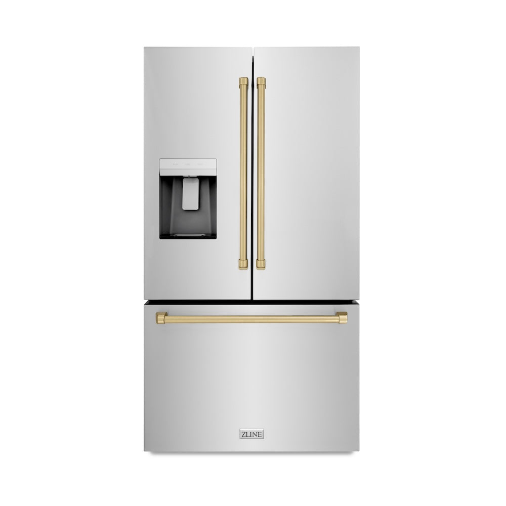 ZLINE Autograph Edition 36 in. 28.9 cu. ft. Standard-Depth French Door External Water Dispenser Refrigerator with Dual Ice Maker in Fingerprint Resistant Stainless Steel and Champagne Bronze Handles (RSMZ-W-36-CB) front, closed.