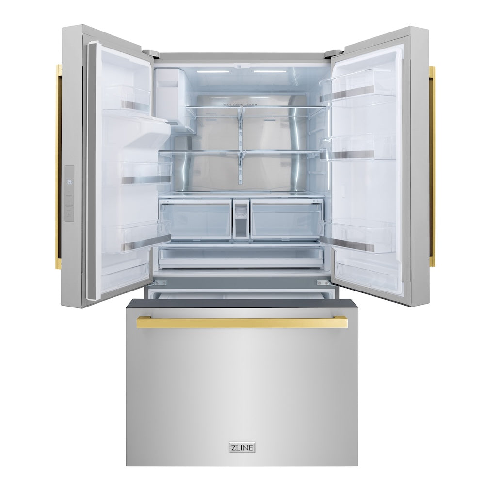 ZLINE Autograph Edition 36 in. 28.9 cu. ft. Standard-Depth French Door External Water Dispenser Refrigerator with Dual Ice Maker in Fingerprint Resistant Stainless Steel and Polished Gold Square Handles (RSMZ-W-36-FG) front, doors and bottom freezer drawer open.