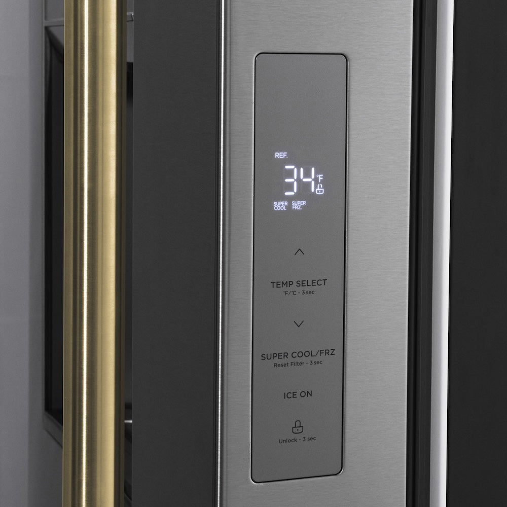ZLINE Autograph Edition 36 in. 28.9 cu. ft. Standard-Depth French Door External Water Dispenser Refrigerator with Dual Ice Maker in Fingerprint Resistant Stainless Steel and Polished Gold Handles (RSMZ-W-36-G) ADA-accessible LED control panel located on the refrigerator door.