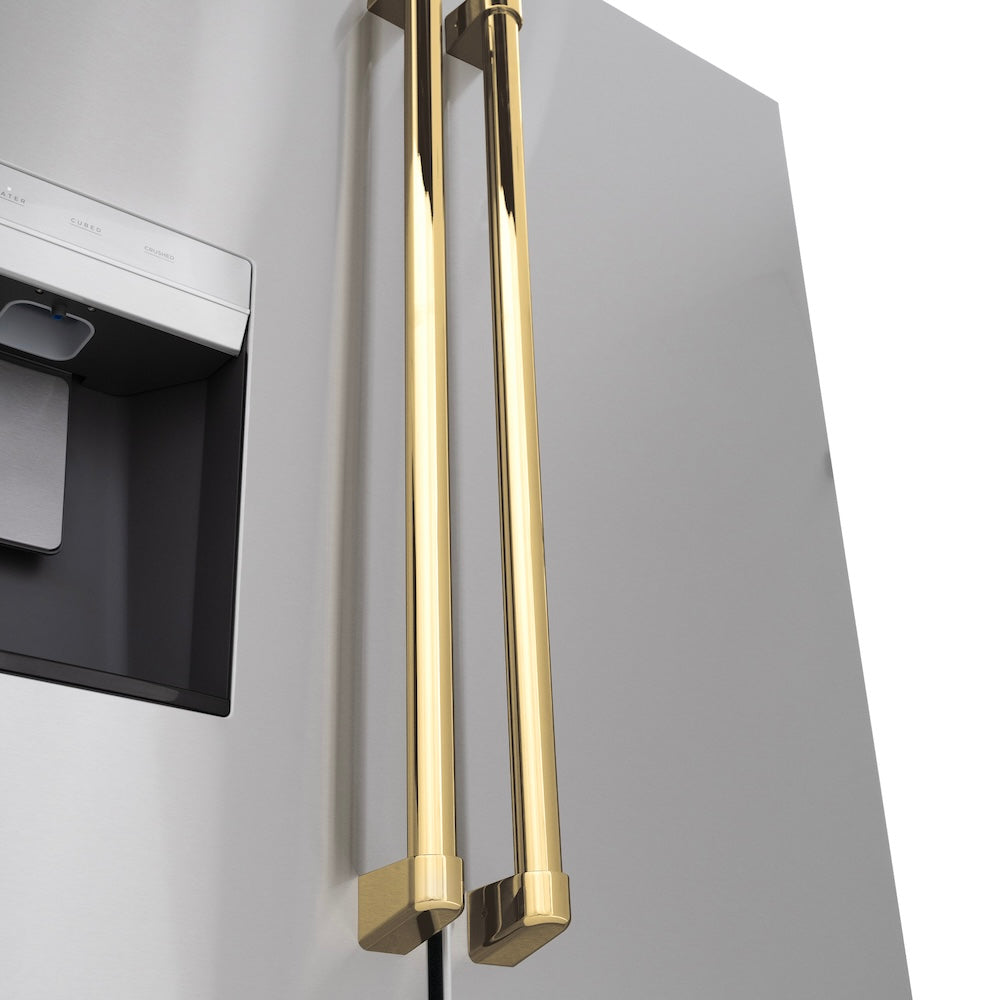 ZLINE Autograph Edition 36 in. 28.9 cu. ft. Standard-Depth French Door External Water Dispenser Refrigerator with Dual Ice Maker in Fingerprint Resistant Stainless Steel and Polished Gold Handles (RSMZ-W-36-G) close-up handles on refrigeration compartment French doors.