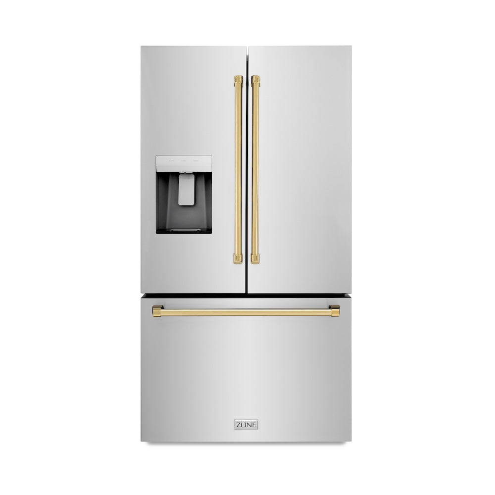 ZLINE Autograph Edition 36 in. 28.9 cu. ft. Standard-Depth French Door External Water Dispenser Refrigerator with Dual Ice Maker in Fingerprint Resistant Stainless Steel and Polished Gold Handles (RSMZ-W-36-G) front, closed.