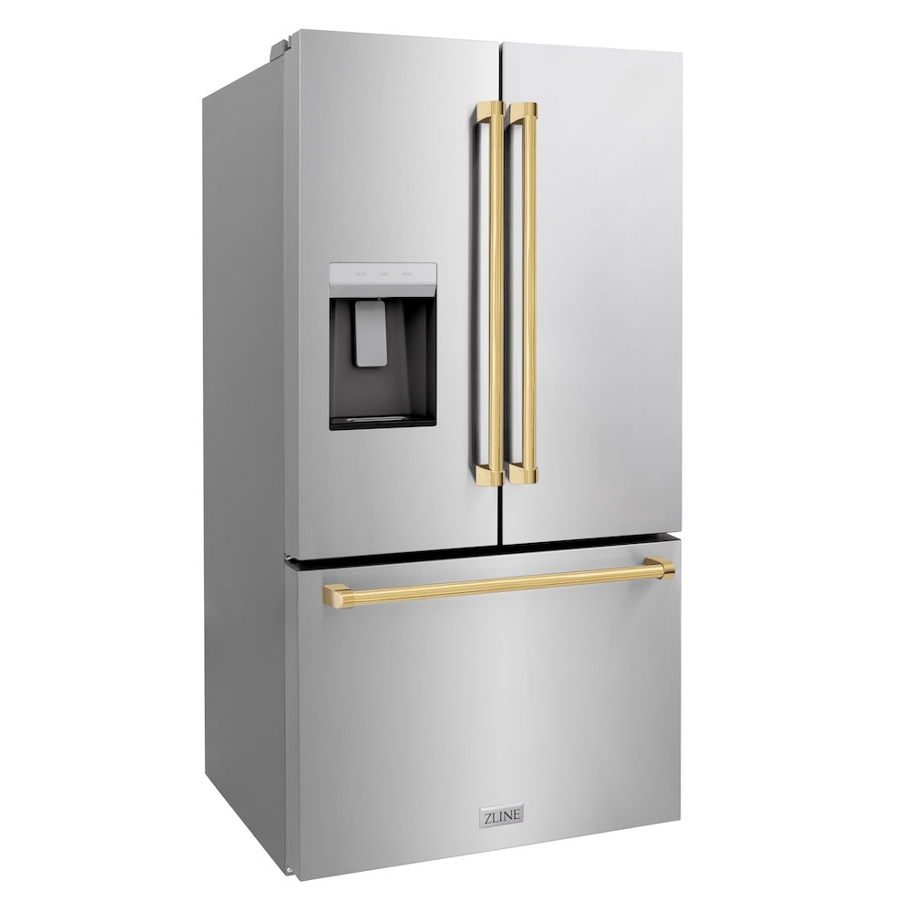 ZLINE Autograph Edition 36 in. 28.9 cu. ft. Standard-Depth French Door External Water Dispenser Refrigerator with Dual Ice Maker in Fingerprint Resistant Stainless Steel and Polished Gold Handles (RSMZ-W-36-G) side, closed.