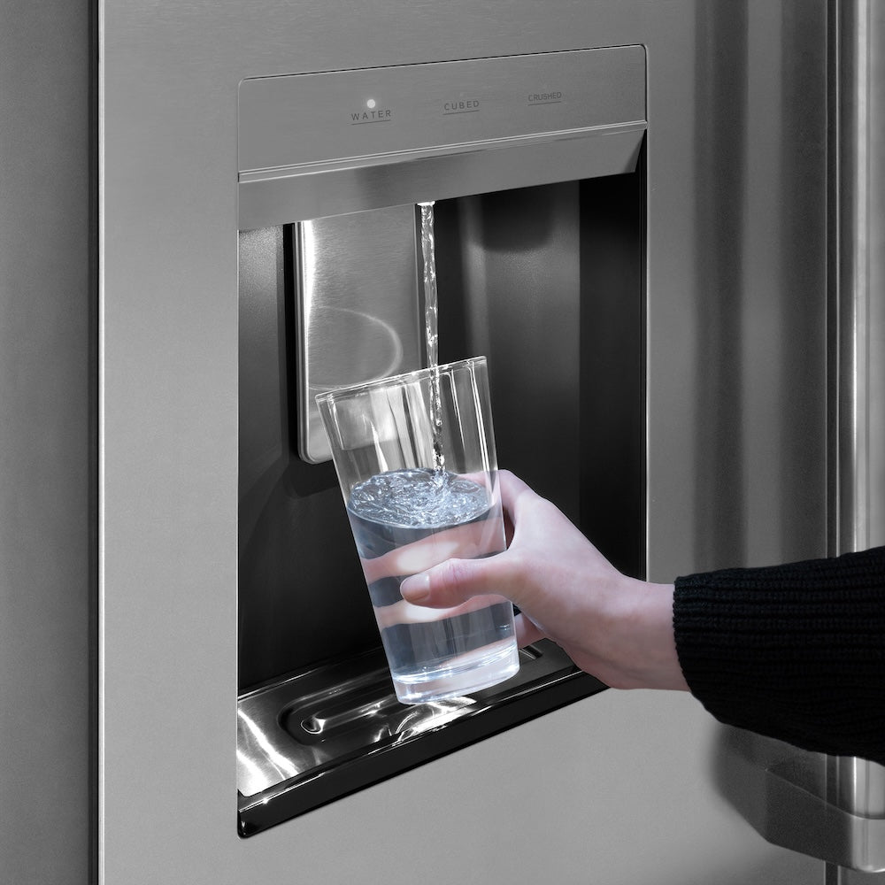 External Water and Ice Dispenser delivers filtered water and crushed or cubed ice.