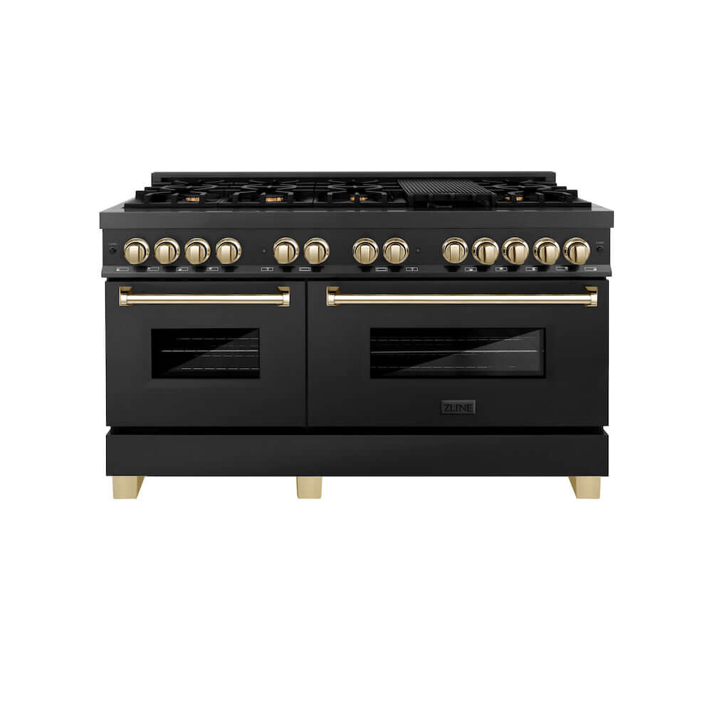 ZLINE Autograph Edition 60 in. 7.4 cu. ft. Dual Fuel Range with Gas Stove and Electric Oven in Black Stainless Steel with Polished Gold Accents (RABZ-60-G) front, oven closed.