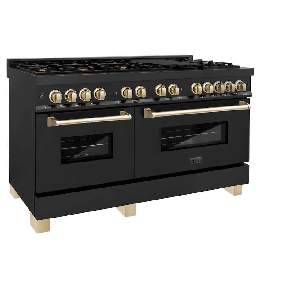 ZLINE Autograph Edition 60 in. 7.4 cu. ft. Dual Fuel Range with Gas Stove and Electric Oven in Black Stainless Steel with Polished Gold Accents (RABZ-60-G) side, oven closed.