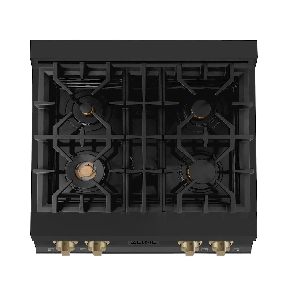 ZLINE Autograph Edition 30 in. Porcelain Rangetop with 4 Gas Burners in Black Stainless Steel and Champagne Bronze Accents (RTBZ-30-CB)