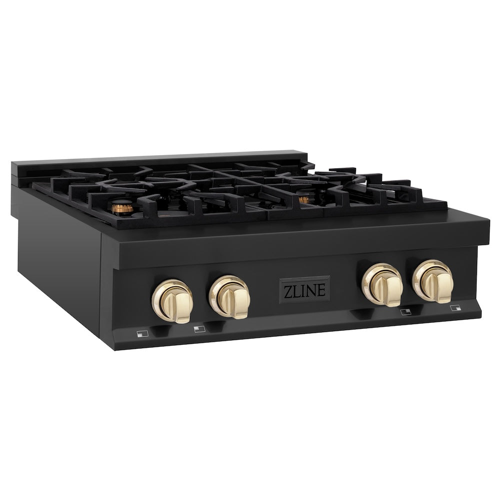 ZLINE Autograph Edition 30 in. Porcelain Rangetop with 4 Gas Burners in Black Stainless Steel and Polished Gold Accents (RTBZ-30-G) side, main.