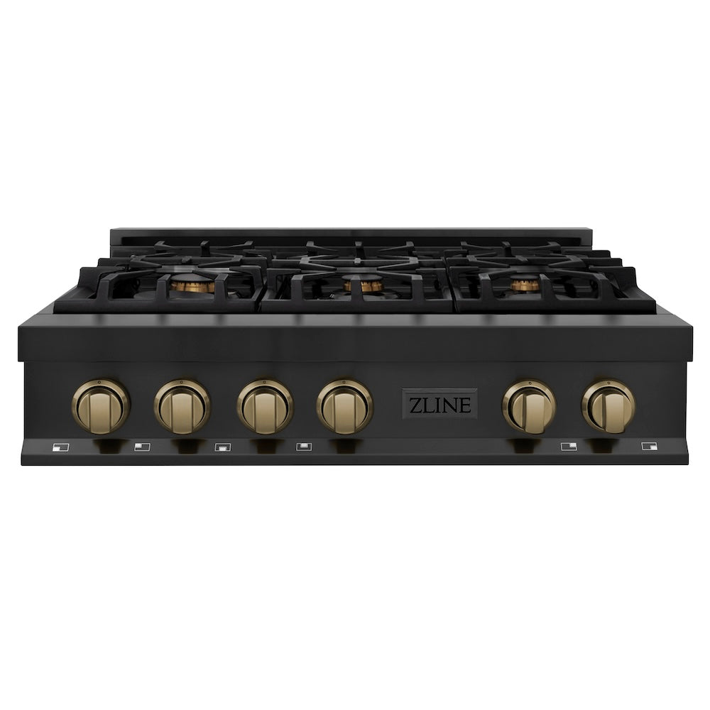ZLINE Autograph Edition 36 in. Porcelain Rangetop with 6 Gas Burners in Black Stainless Steel and Champagne Bronze Accents (RTBZ-36-CB) front.