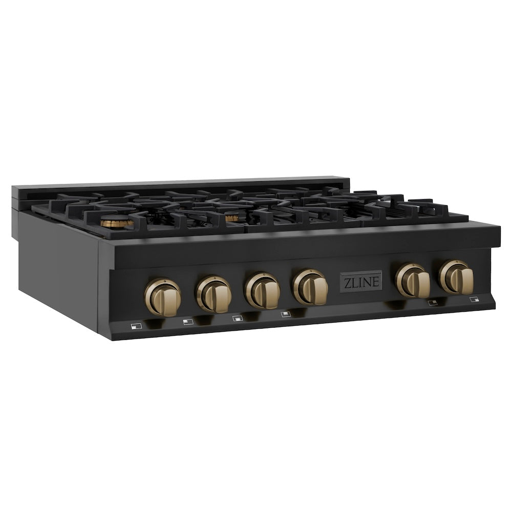 ZLINE Autograph Edition 36 in. Porcelain Rangetop with 6 Gas Burners in Black Stainless Steel and Champagne Bronze Accents (RTBZ-36-CB) side, main.