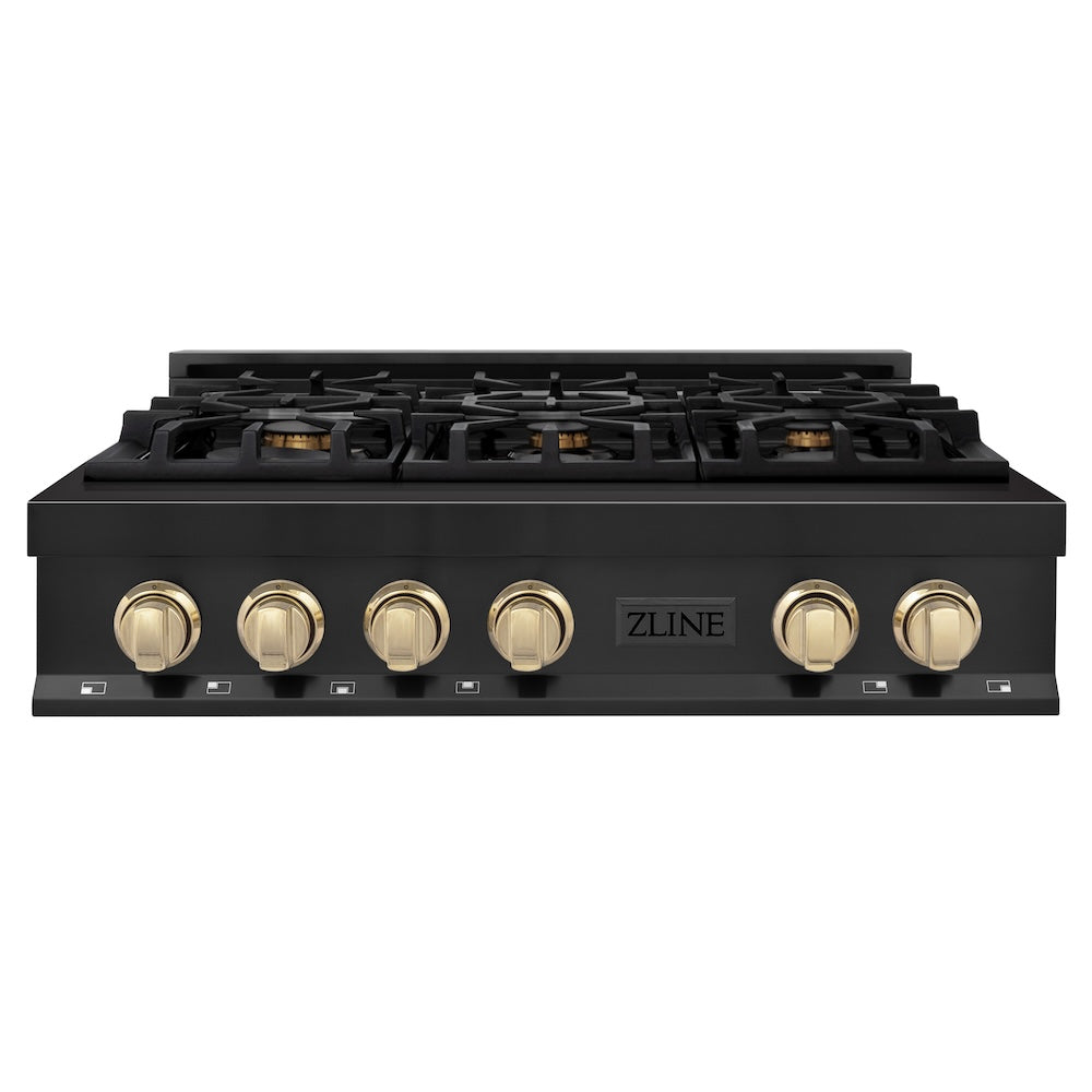 ZLINE Autograph Edition 36 in. Porcelain Rangetop with 6 Gas Burners in Black Stainless Steel and Polished Gold Accents (RTBZ-36-G) front.