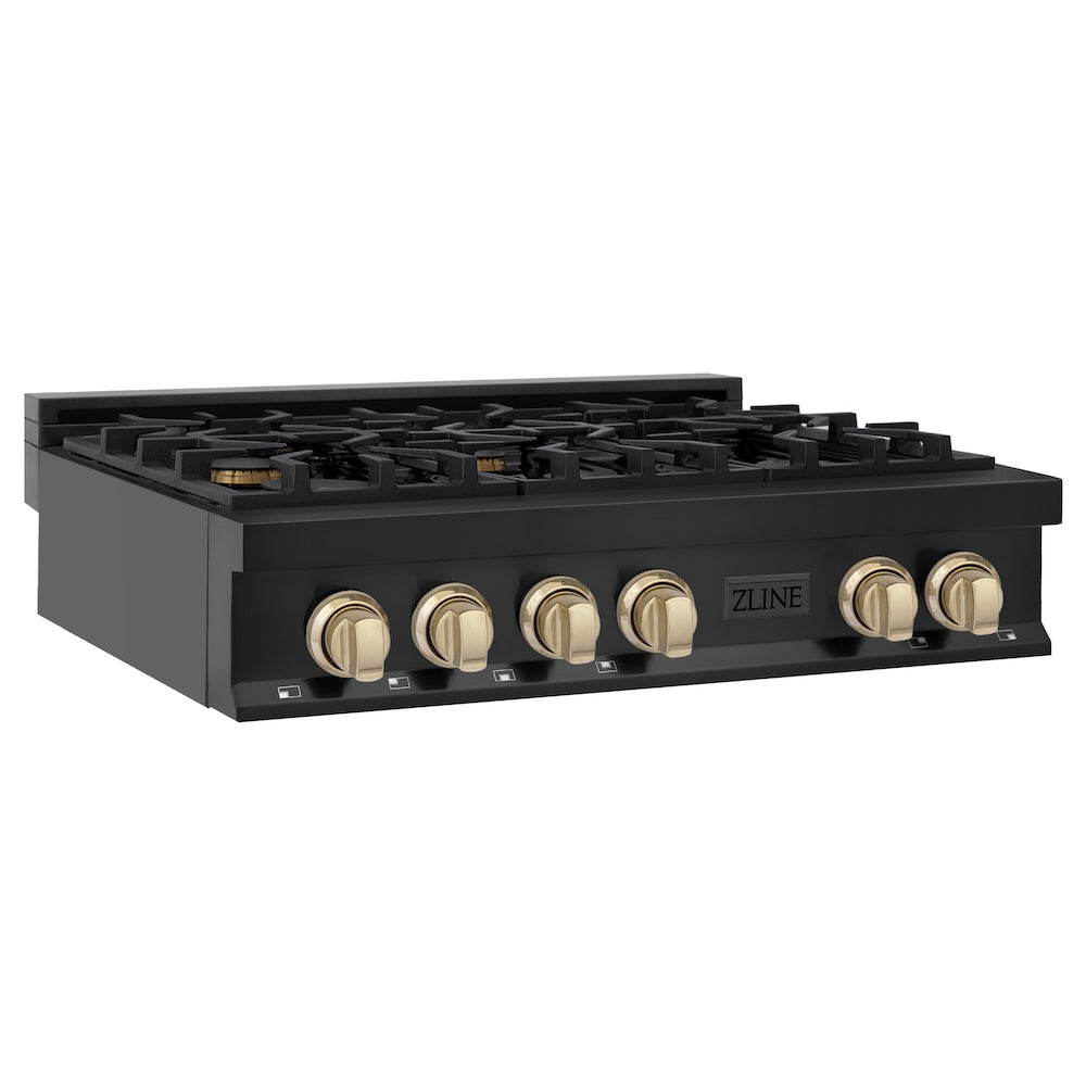 ZLINE Autograph Edition 36 in. Porcelain Rangetop with 6 Gas Burners in Black Stainless Steel and Polished Gold Accents (RTBZ-36-G) side, oven closed.