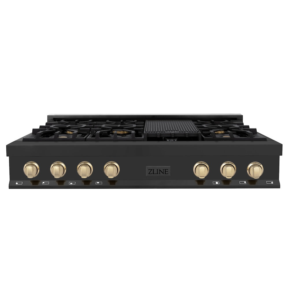 ZLINE Autograph Edition 48 in. Porcelain Rangetop with 7 Gas Burners in Black Stainless Steel and Polished Gold Accents (RTBZ-48-G) front.