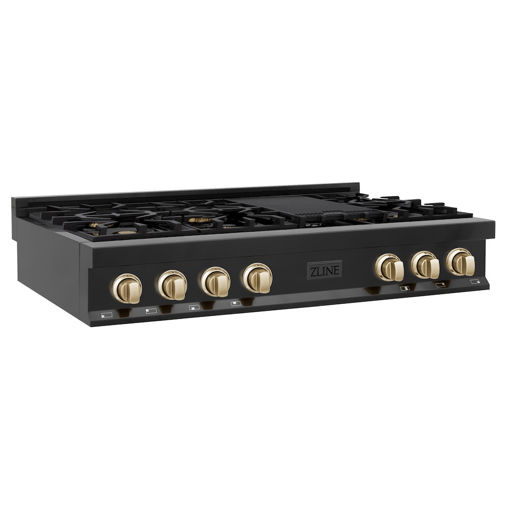 ZLINE Autograph Edition 48 in. Porcelain Rangetop with 7 Gas Burners in Black Stainless Steel and Polished Gold Accents (RTBZ-48-G) side, main.