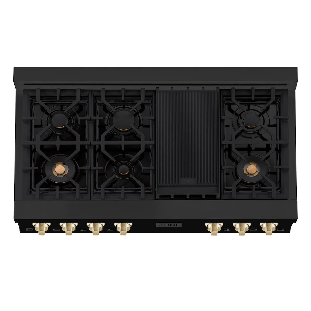 ZLINE Autograph Edition 48 in. Porcelain Rangetop with 7 Gas Burners in Black Stainless Steel and Polished Gold Accents (RTBZ-48-G) from above, showing cooking surface.