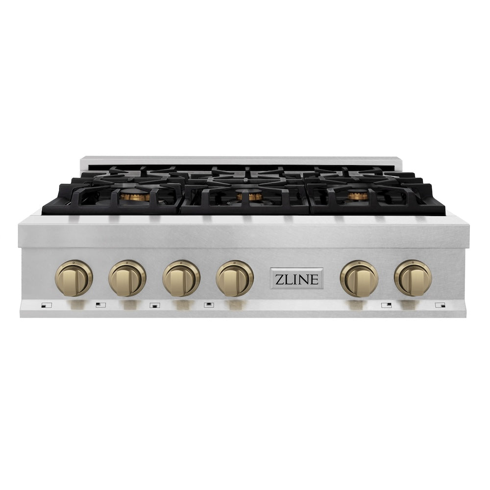 ZLINE Autograph Edition 36 in. Porcelain Rangetop with 6 Gas Burners in DuraSnow® Stainless Steel with Champagne Bronze Accents (RTSZ-36-CB) front.