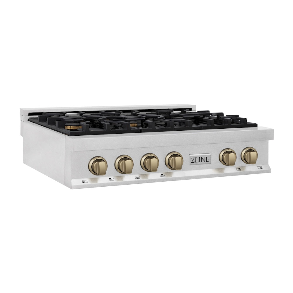 ZLINE Autograph Edition 36 in. Porcelain Rangetop with 6 Gas Burners in DuraSnow® Stainless Steel with Champagne Bronze Accents (RTSZ-36-CB) 