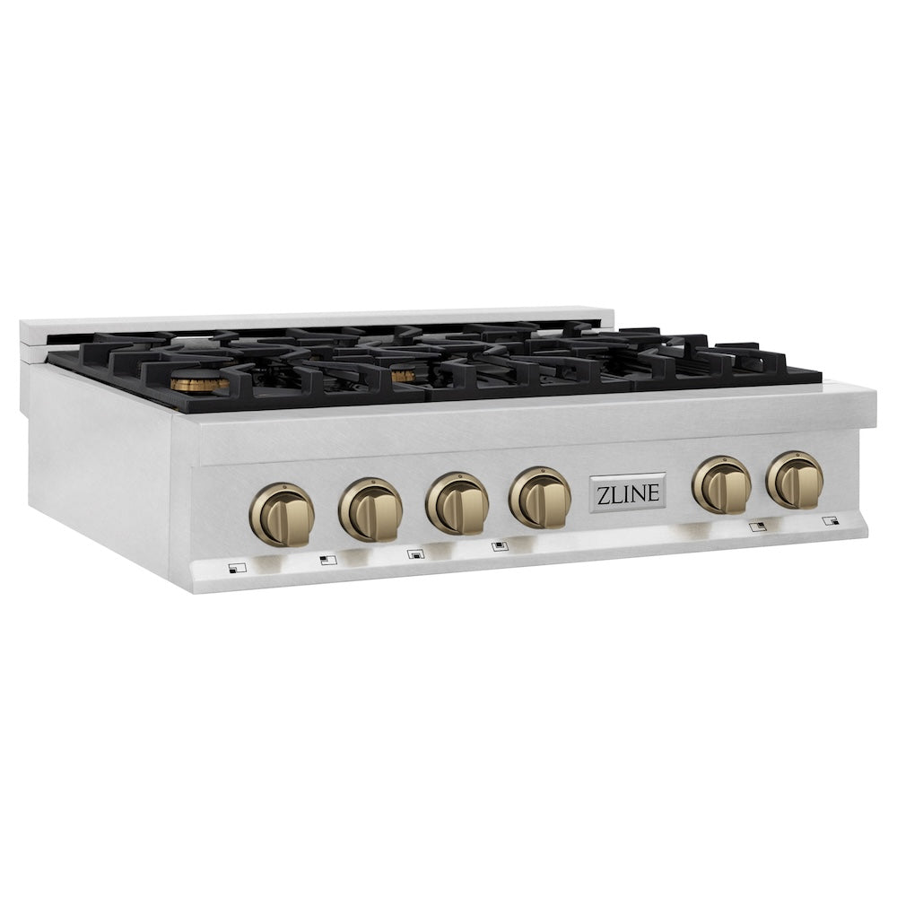 ZLINE Autograph Edition 36 in. Porcelain Rangetop with 6 Gas Burners in DuraSnow® Stainless Steel with Champagne Bronze Accents (RTSZ-36-CB) side, main.