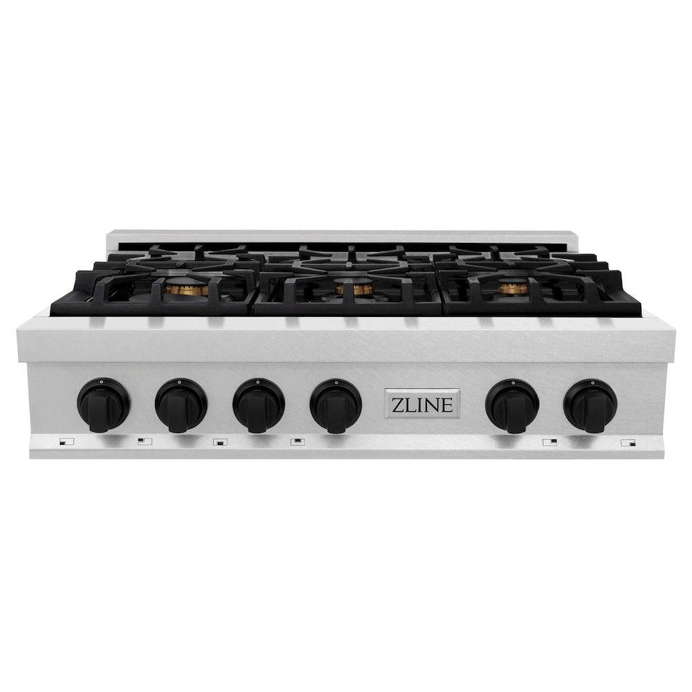 ZLINE Autograph Edition 36 in. Porcelain Rangetop with 6 Gas Burners in DuraSnow Stainless Steel with Matte Black Accents (RTSZ-36-MB) front.