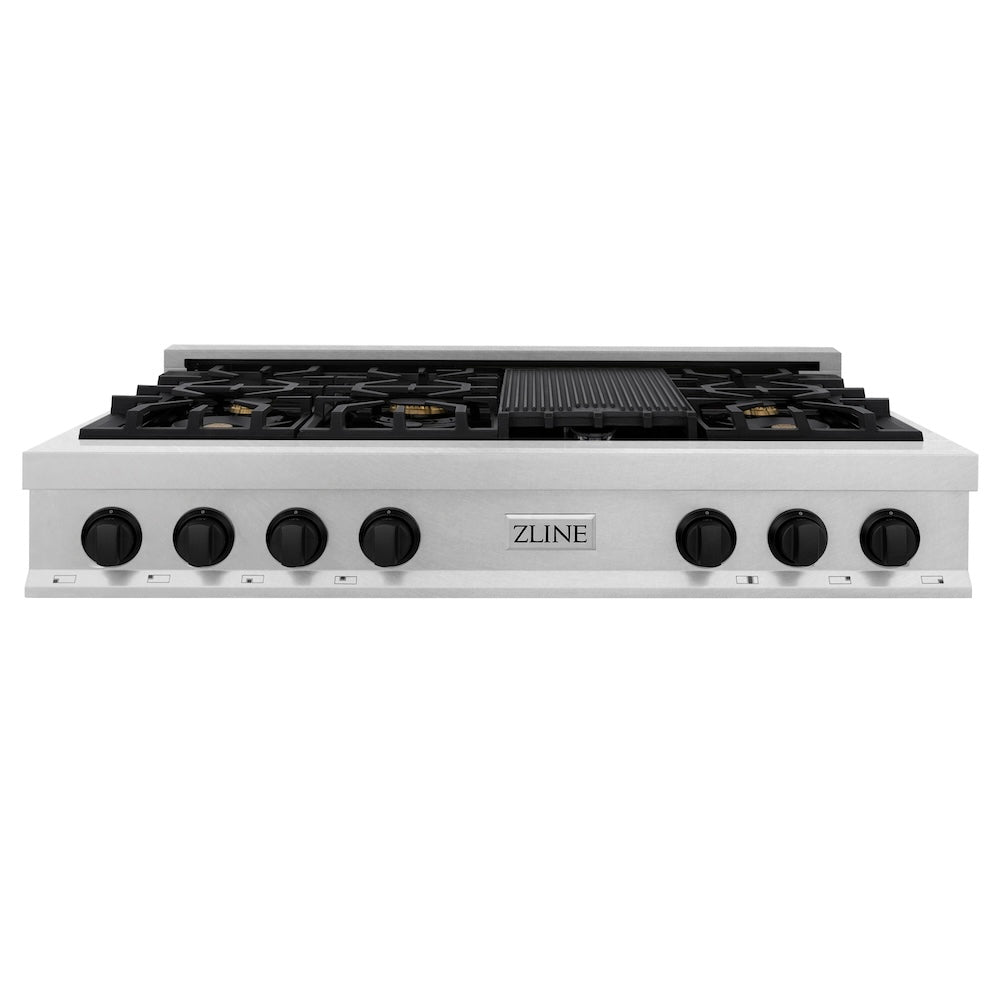 ZLINE Autograph Edition 48 in. Porcelain Rangetop with 7 Gas Burners in DuraSnow Stainless Steel and Matte Black Accents (RTSZ-48-MB) front.