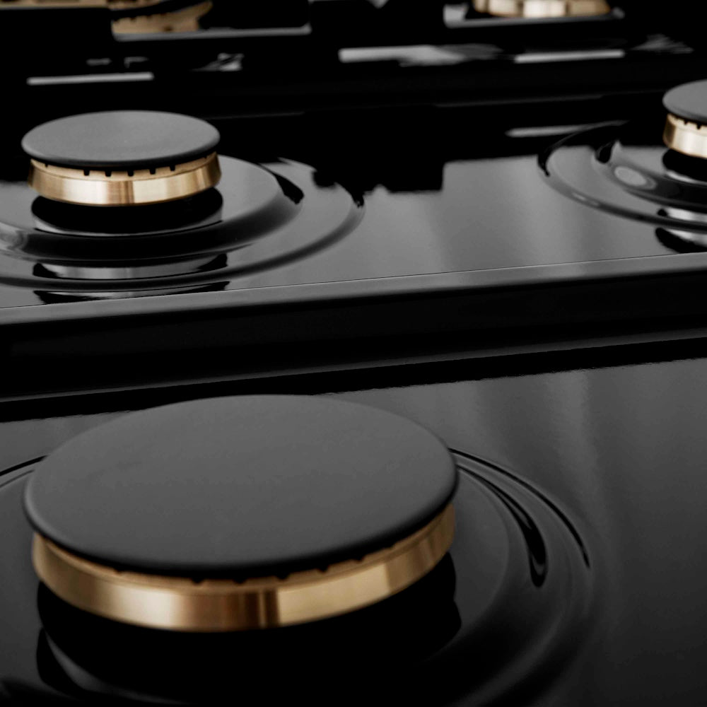 ZLINE Autograph Edition 36 in. Porcelain Rangetop with 6 Gas Burners in Stainless Steel with Champagne Bronze Accents (RTZ-36-CB) close-up, burners.