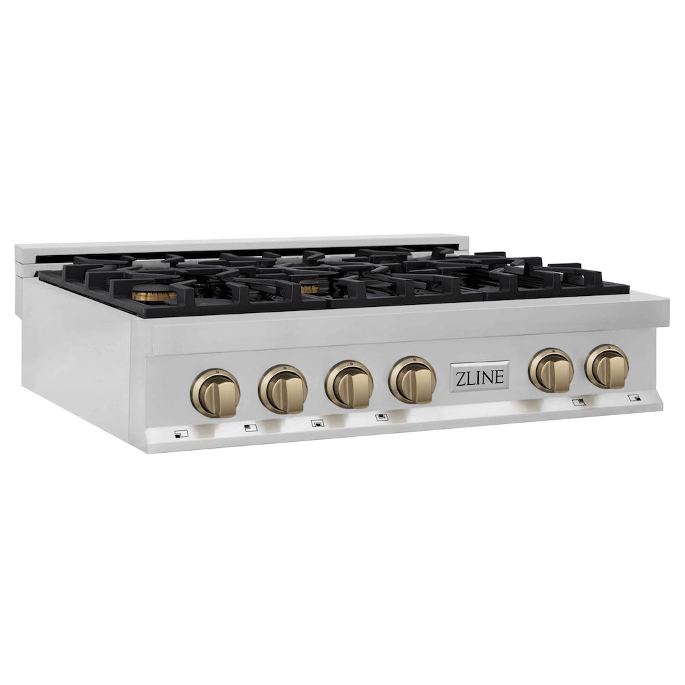 ZLINE Autograph Edition 36 in. Porcelain Rangetop with 6 Gas Burners in Stainless Steel with Champagne Bronze Accents (RTZ-36-CB) side, main.