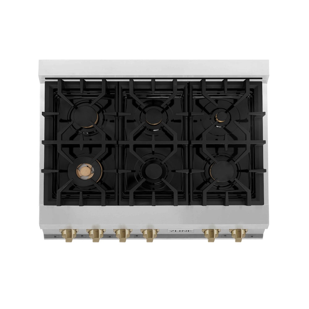 ZLINE Autograph Edition 36 in. Porcelain Rangetop with 6 Gas Burners in Stainless Steel with Champagne Bronze Accents (RTZ-36-CB) from above, showing cooking surface.