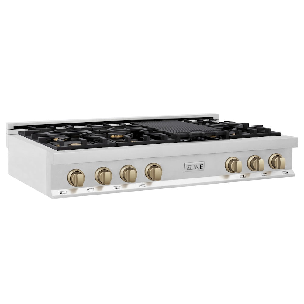 ZLINE Autograph Edition 48 in. Porcelain Rangetop with 7 Gas Burners in Stainless Steel with Champagne Bronze Accents (RTZ-48-CB) side, main.