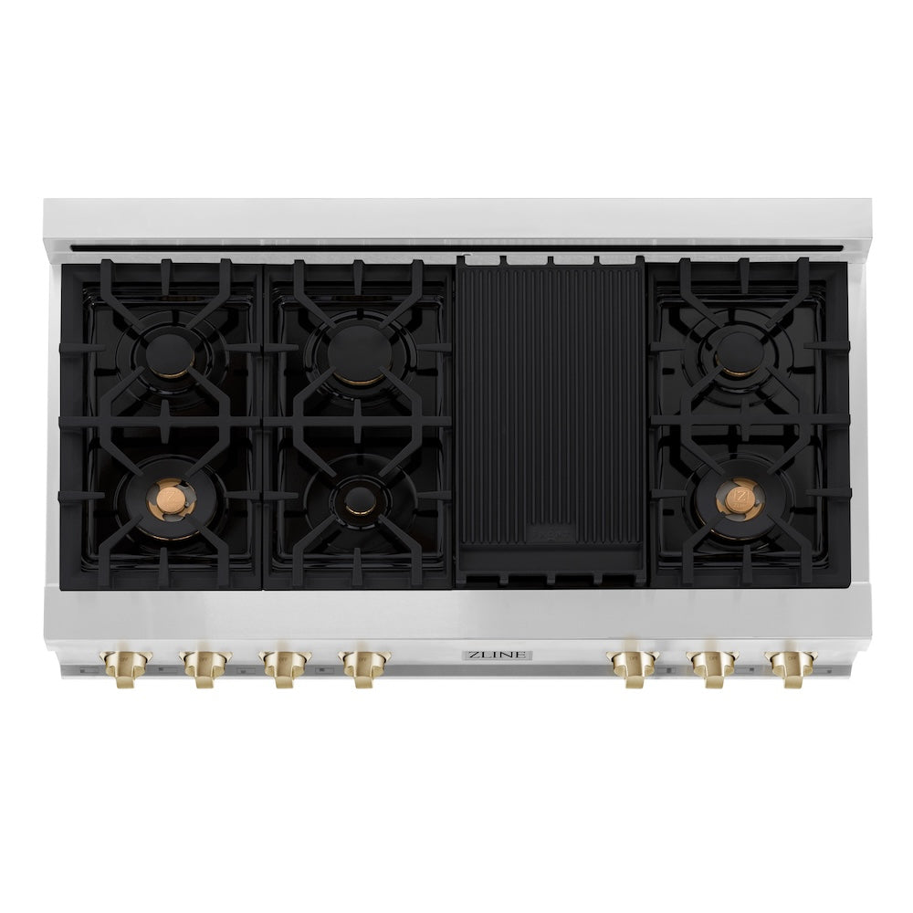 ZLINE Autograph Edition 48 in. Porcelain Rangetop with 7 Gas Burners in Stainless Steel with Polished Gold Accents (RTZ-48-G) from above, showing cooking surface.