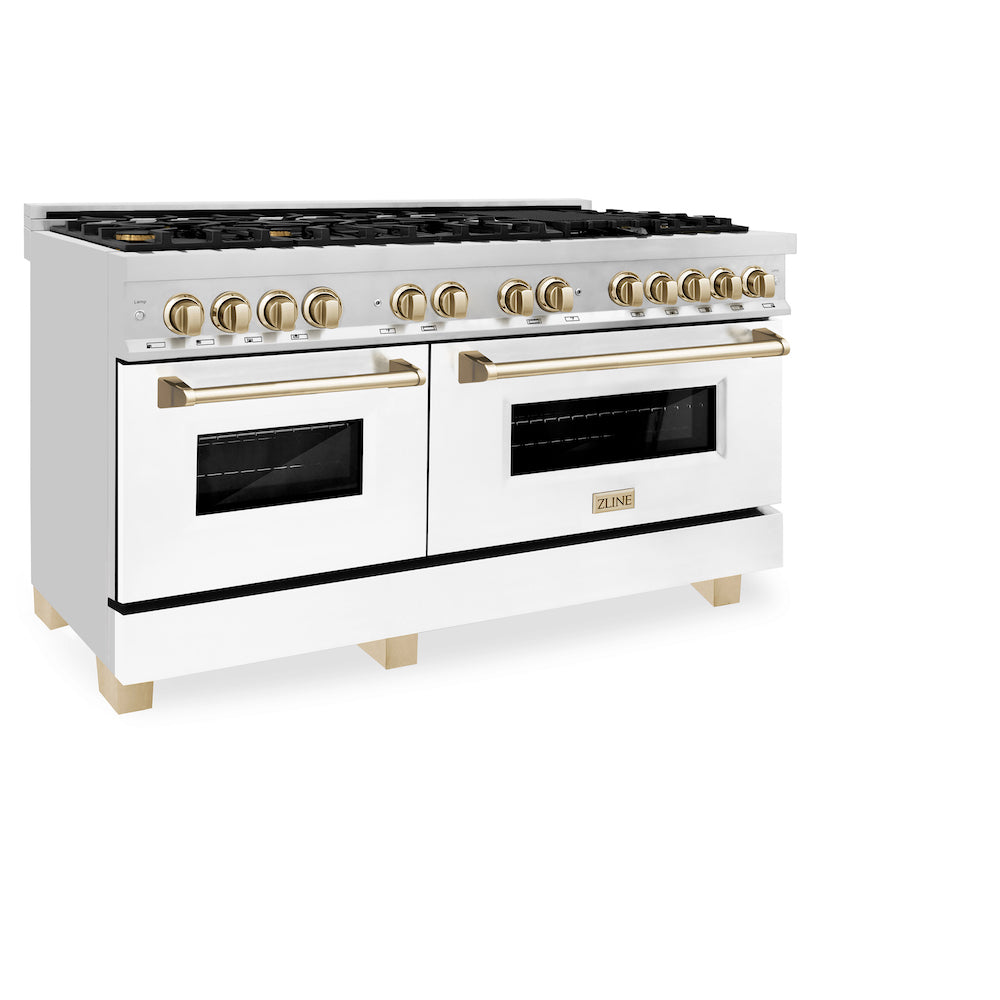 ZLINE Autograph Edition 60 in. 7.4 cu. ft. Dual Fuel Range with Gas Stove and Electric Oven in Stainless Steel with White Matte Doors and Polished Gold Accents (RAZ-WM-60-G)