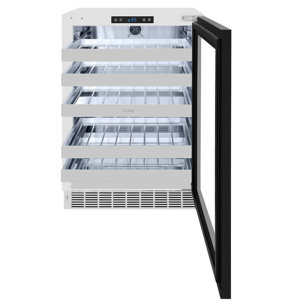 ZLINE Autograph Edition 24 in. Touchstone Dual Zone 44 Bottle Wine Cooler With Panel Ready Glass Door And Matte Black Handle (RWDPOZ-24-MB) front, open.