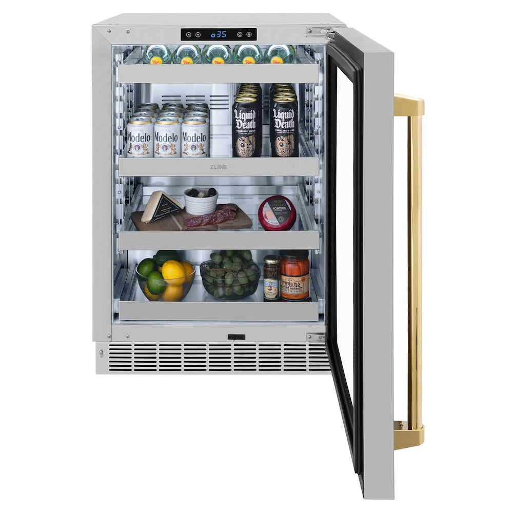 ZLINE Autograph Edition 24 in. Touchstone 151 Can Beverage Fridge With Stainless Steel Glass Door And Polished Gold Handle (RBSOZ-GS-24-G) front, open.