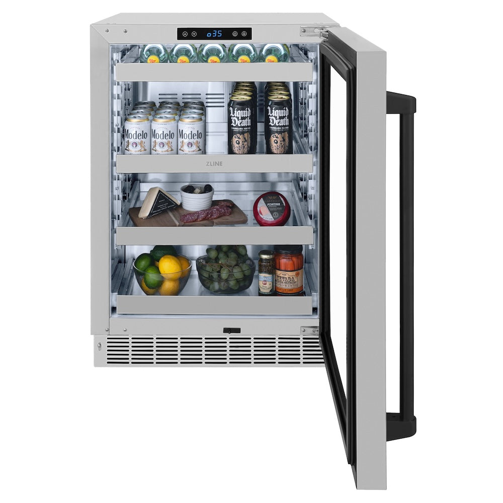ZLINE Autograph Edition 24 in. Touchstone 151 Can Beverage Fridge With Stainless Steel Glass Door And Matte Black Handle (RBSOZ-GS-24-MB) front, open.