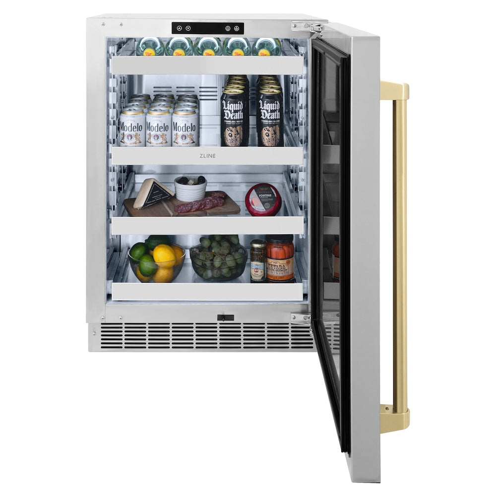 ZLINE Autograph Edition 24 in. Touchstone 151 Can Beverage Fridge With Solid Stainless Steel Door And Champagne Bronze Handle (RBSOZ-ST-24-CB) front, open with food and drinks inside