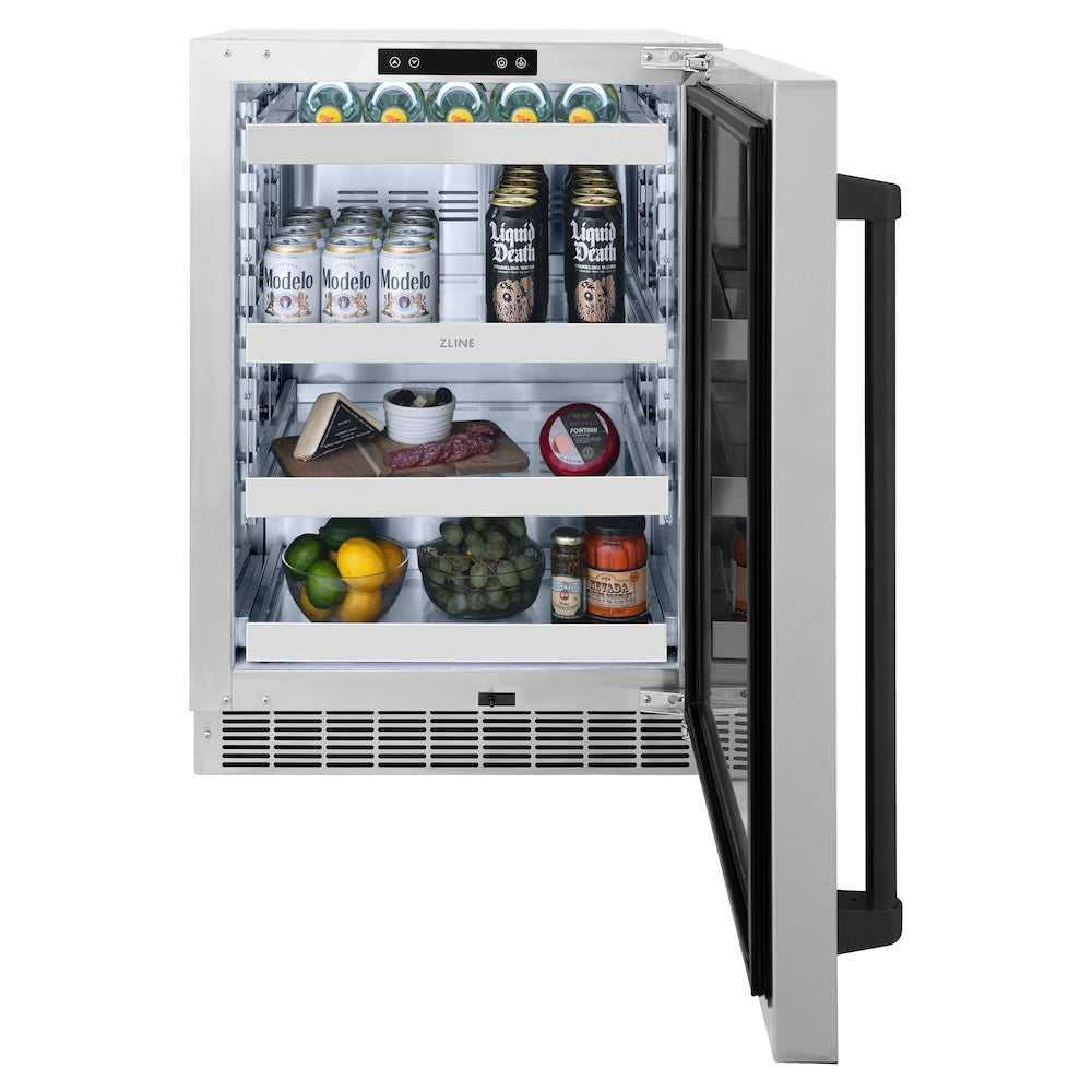 ZLINE Autograph Edition 24 in. Touchstone 151 Can Beverage Fridge With Solid Stainless Steel Door And Matte Black Handle (RBSOZ-ST-24-MB) front, open.