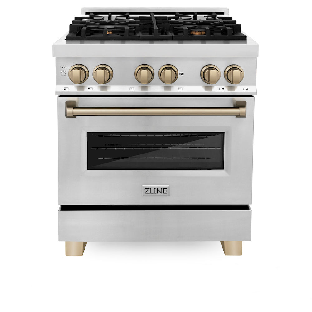 ZLINE Autograph Edition 30 in. 4.0 cu. ft. Dual Fuel Range with Gas Stove and Electric Oven in Stainless Steel with Champagne Bronze Accents (RAZ-30-CB) front, oven closed.