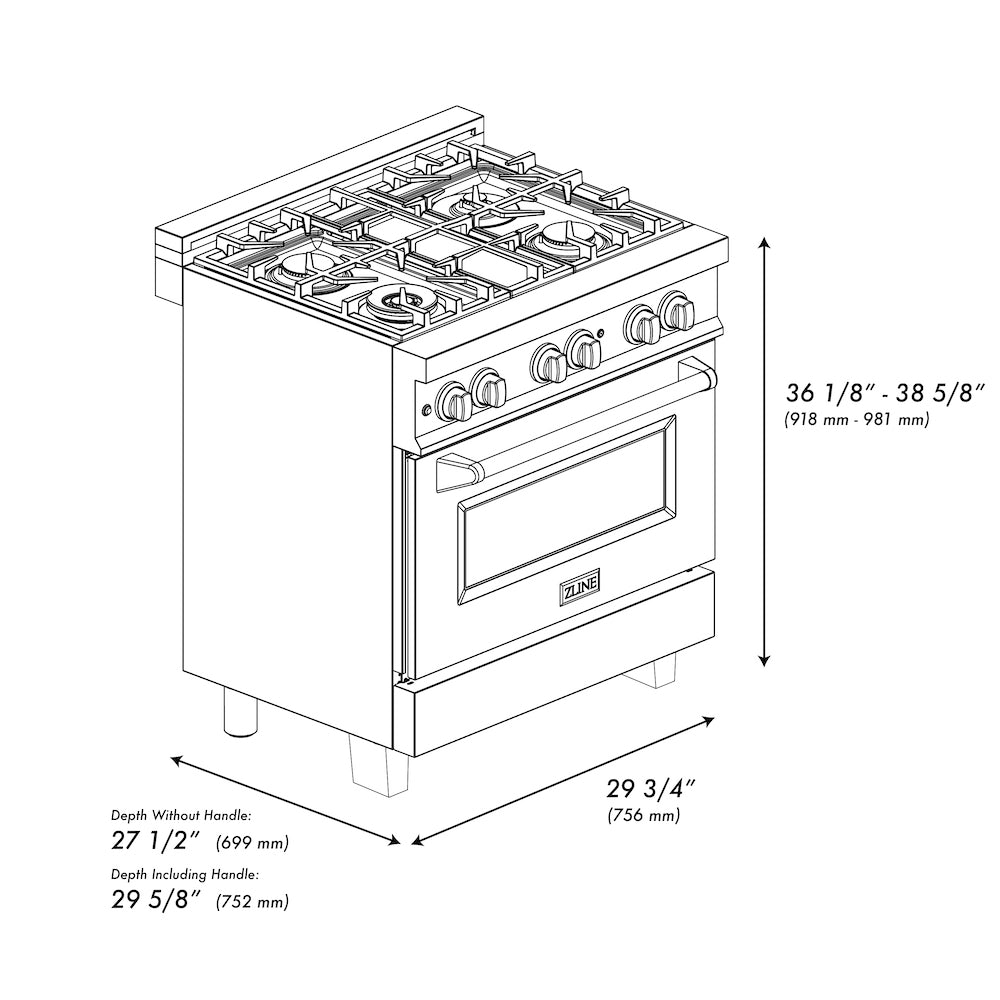 ZLINE Autograph Edition 30 in. 4.0 cu. ft. Dual Fuel Range with Gas Stove and Electric Oven in Stainless Steel with Polished Gold Accents (RAZ-30-G) dimensional diagram with measurements.