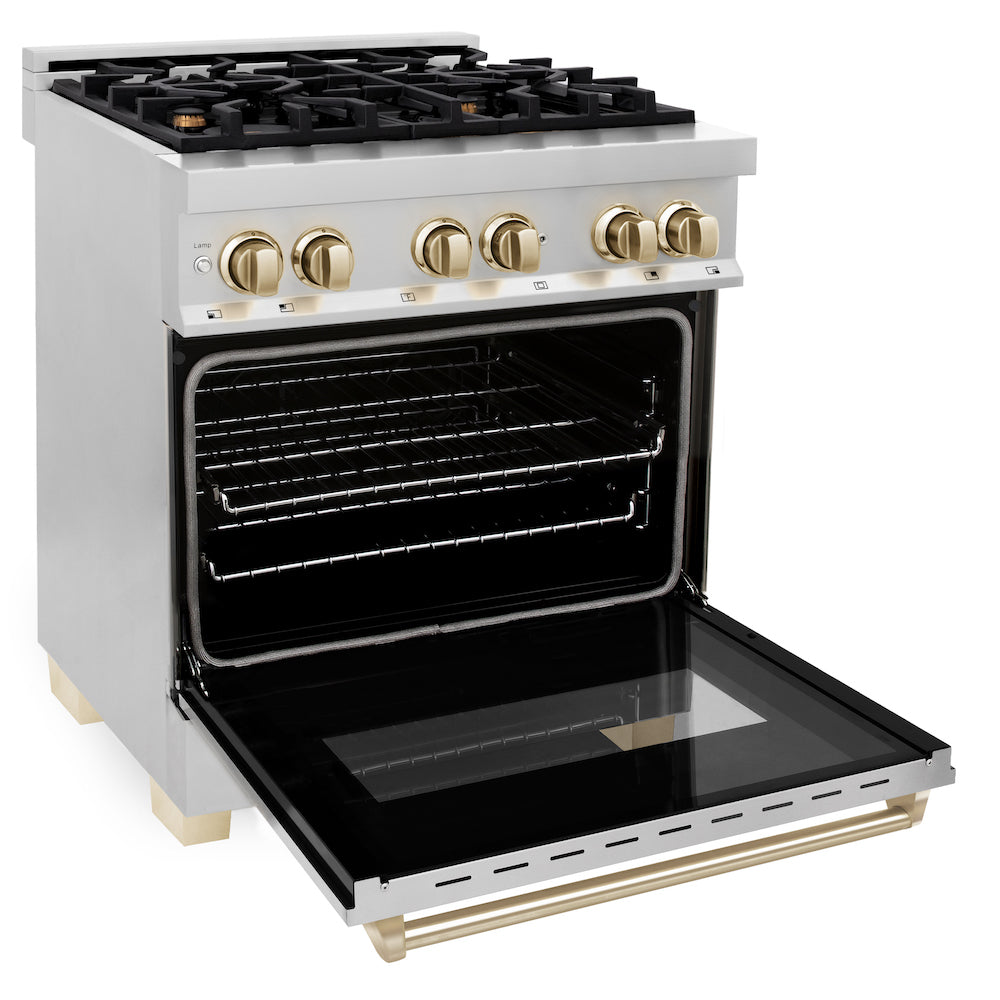 ZLINE Autograph Edition 30 in. 4.0 cu. ft. Dual Fuel Range with Gas Stove and Electric Oven in Stainless Steel with Polished Gold Accents (RAZ-30-G) side, oven open.