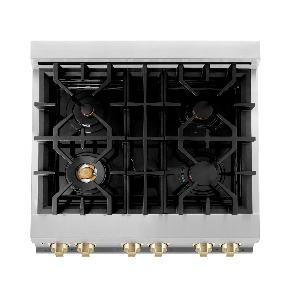 ZLINE Autograph Edition 30 in. 4.0 cu. ft. Dual Fuel Range with Gas Stove and Electric Oven in Stainless Steel with Polished Gold Accents (RAZ-30-G) from above, showing cooktop.