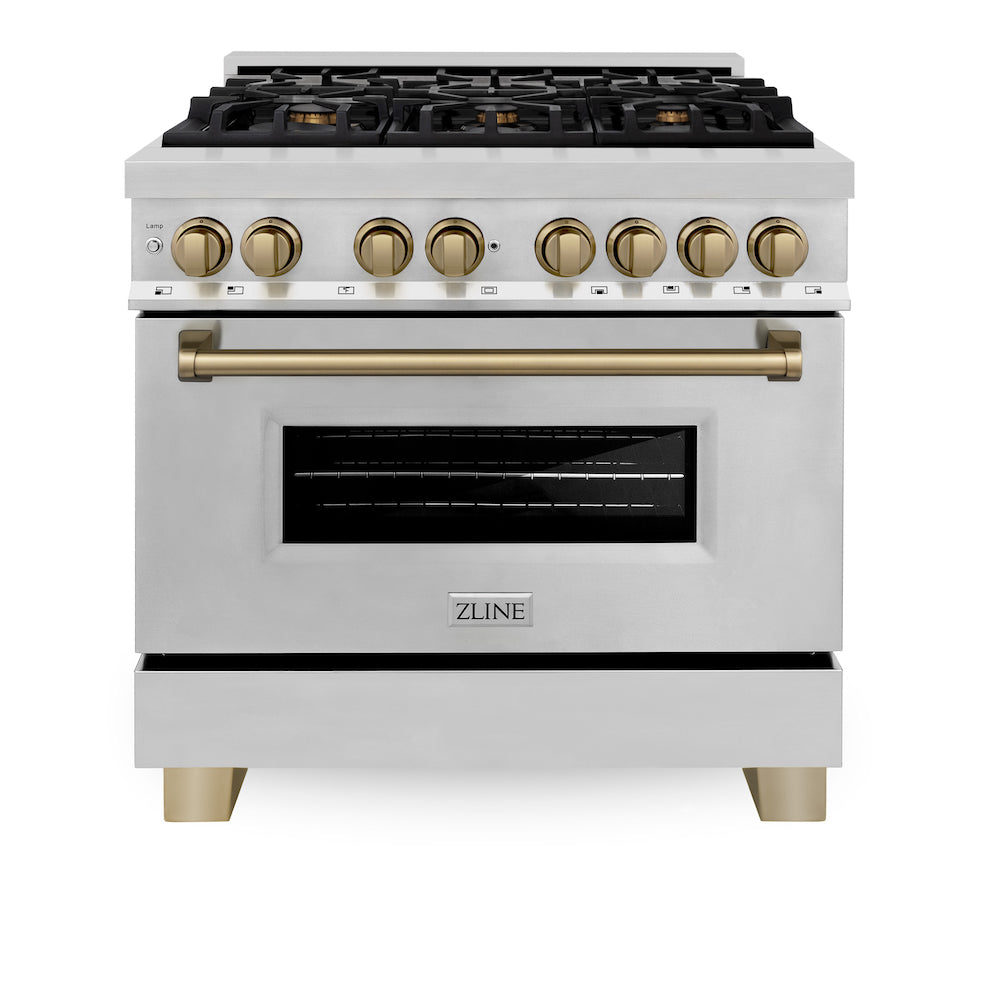 ZLINE Autograph Edition 36 in. 4.6 cu. ft. Dual Fuel Range with Gas Stove and Electric Oven in Stainless Steel with Champagne Bronze Accents (RAZ-36-CB) front, oven closed.
