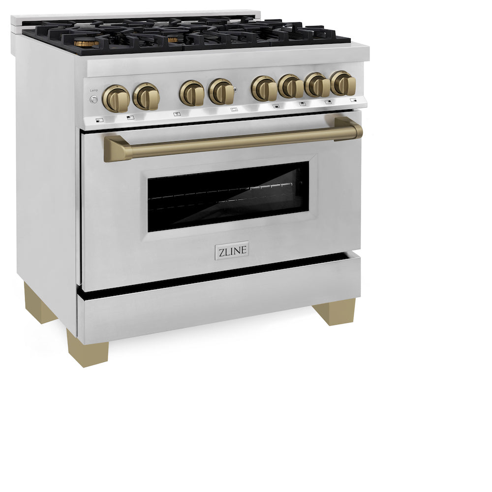 ZLINE Autograph Edition 36 in. 4.6 cu. ft. Dual Fuel Range with Gas Stove and Electric Oven in Stainless Steel with Champagne Bronze Accents (RAZ-36-CB) side, oven closed.