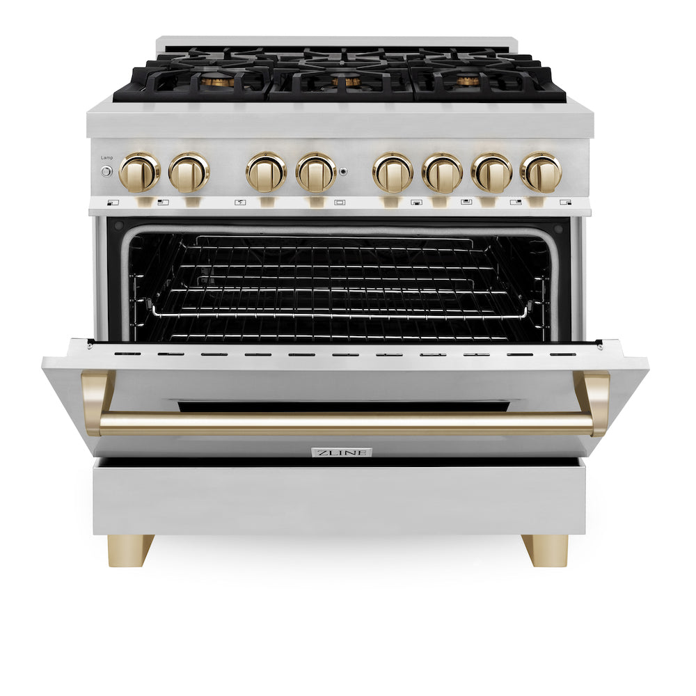 ZLINE Autograph Edition 36 in. 4.6 cu. ft. Dual Fuel Range with Gas Stove and Electric Oven in Stainless Steel with Polished Gold Accents (RAZ-36-G) front, oven half open.