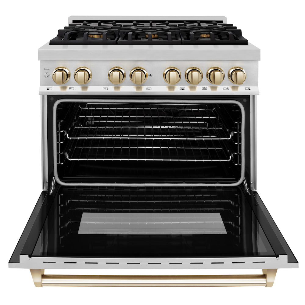ZLINE Autograph Edition 36 in. 4.6 cu. ft. Dual Fuel Range with Gas Stove and Electric Oven in Stainless Steel with Polished Gold Accents (RAZ-36-G) front, oven open.