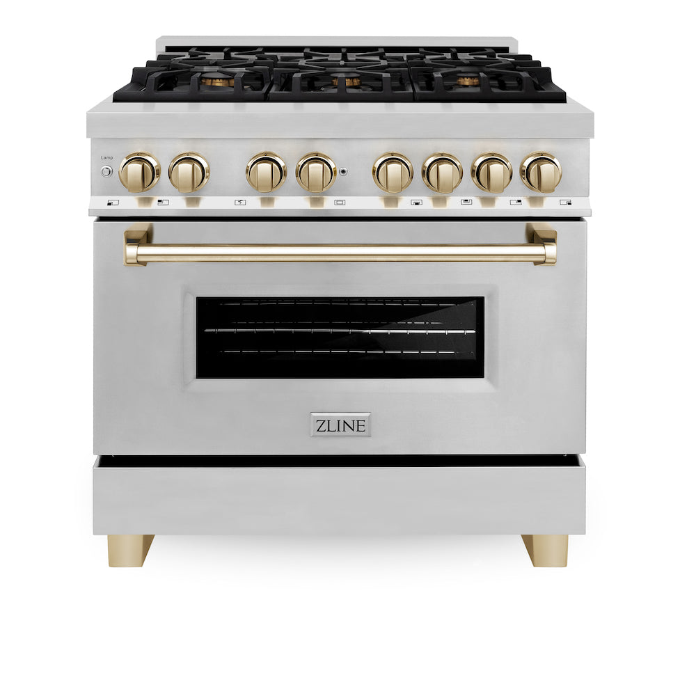 ZLINE Autograph Edition 36 in. 4.6 cu. ft. Dual Fuel Range with Gas Stove and Electric Oven in Stainless Steel with Polished Gold Accents (RAZ-36-G) front, oven closed.