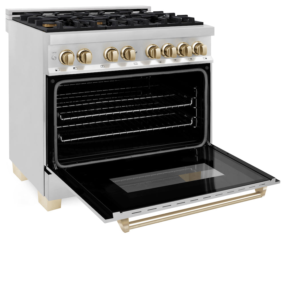 ZLINE Autograph Edition 36 in. 4.6 cu. ft. Dual Fuel Range with Gas Stove and Electric Oven in Stainless Steel with Polished Gold Accents (RAZ-36-G) side, oven open.