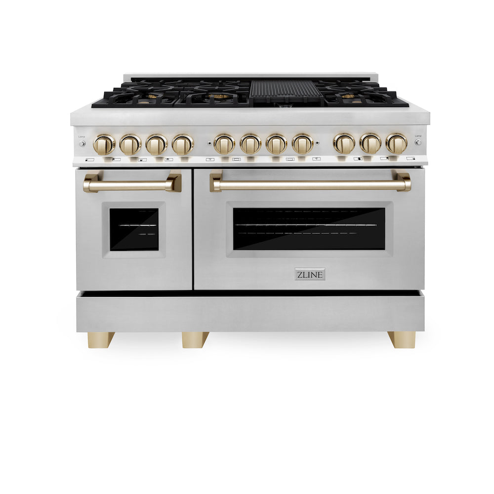 ZLINE Autograph Edition 48 in. 6.0 cu. ft. Dual Fuel Range with Gas Stove and Electric Oven in Stainless Steel with Polished Gold Accents (RAZ-48-G) front, oven closed.