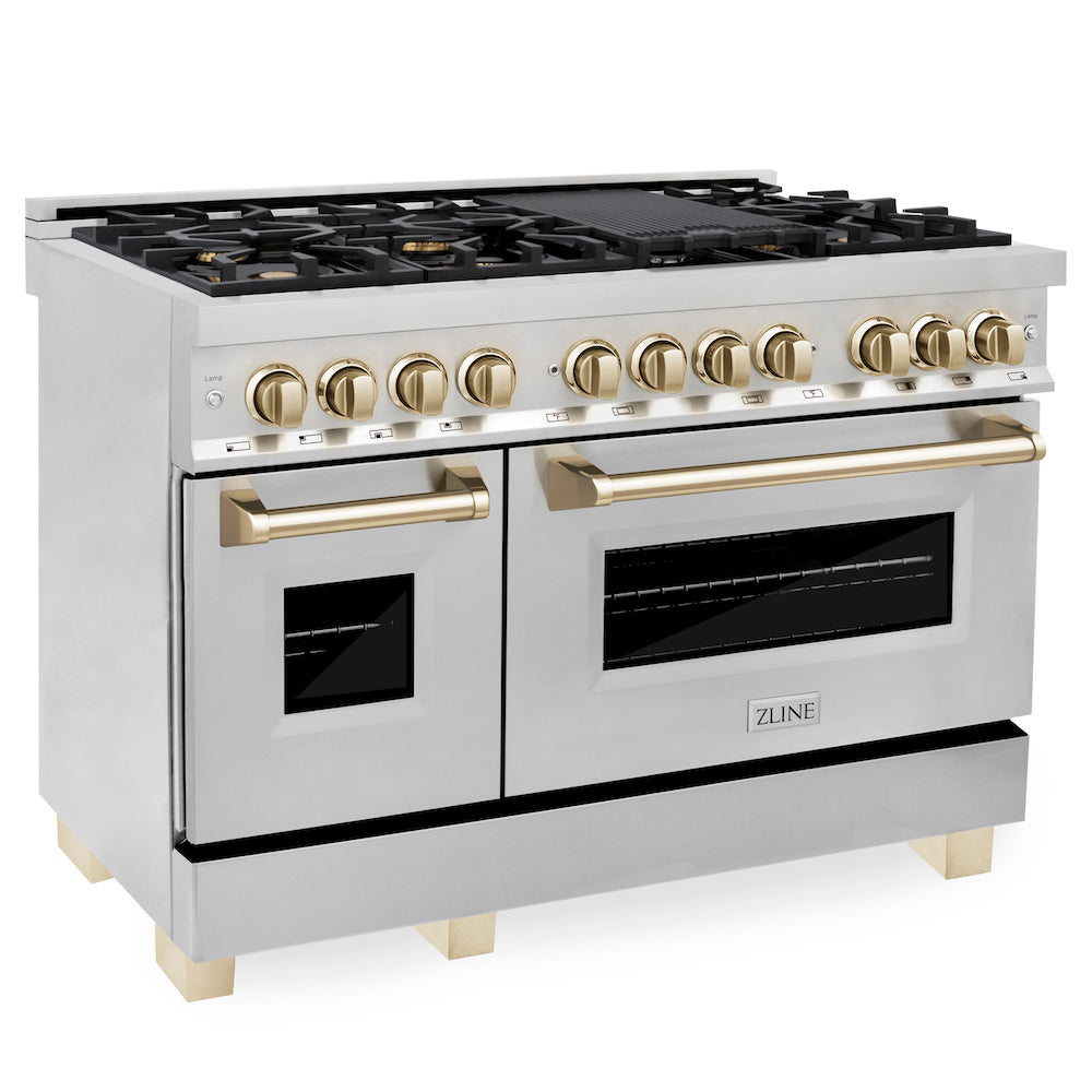 ZLINE Autograph Edition 48 in. 6.0 cu. ft. Dual Fuel Range with Gas Stove and Electric Oven in Stainless Steel with Polished Gold Accents (RAZ-48-G) 