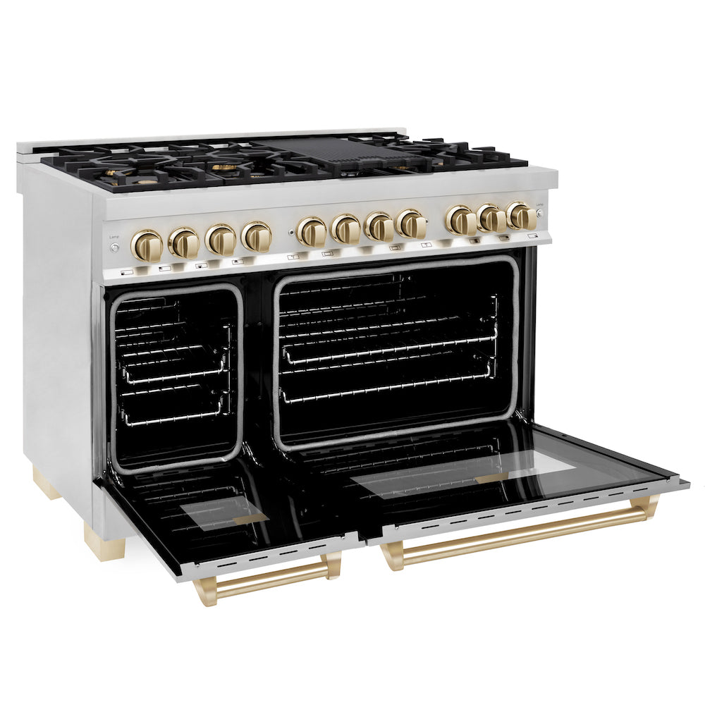 ZLINE Autograph Edition 48 in. 6.0 cu. ft. Dual Fuel Range with Gas Stove and Electric Oven in Stainless Steel with Polished Gold Accents (RAZ-48-G) side, oven open.