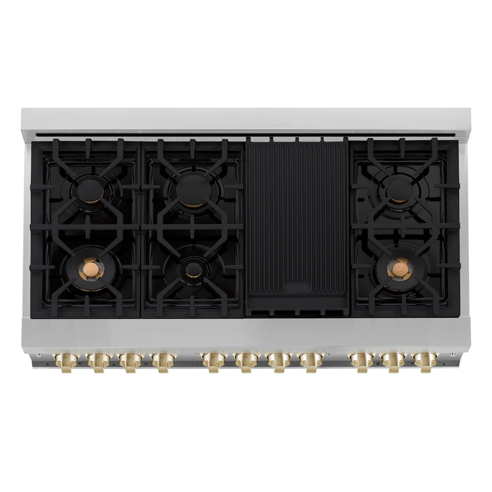 ZLINE Autograph Edition 48 in. 6.0 cu. ft. Dual Fuel Range with Gas Stove and Electric Oven in Stainless Steel with Polished Gold Accents (RAZ-48-G) from above showing cooktop.
